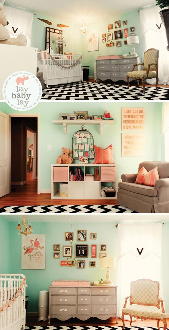 I found a pretty nursery decorated with mint and coral take a look and tell